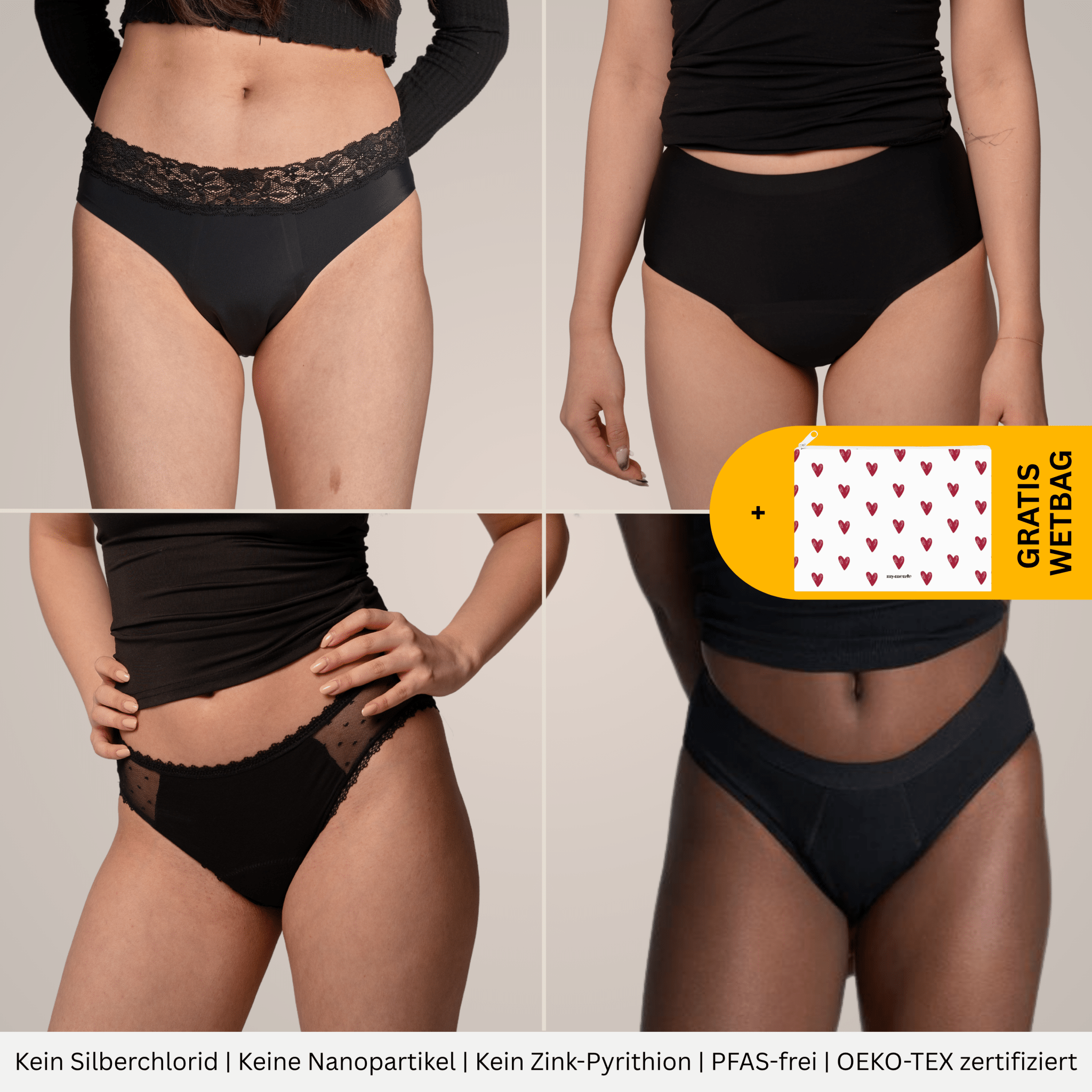 Summer Deal - 4 Periodenslips + GRATIS Wetbag - Periodenunterwäsche, Menstruationsunterwäsche von my•mense