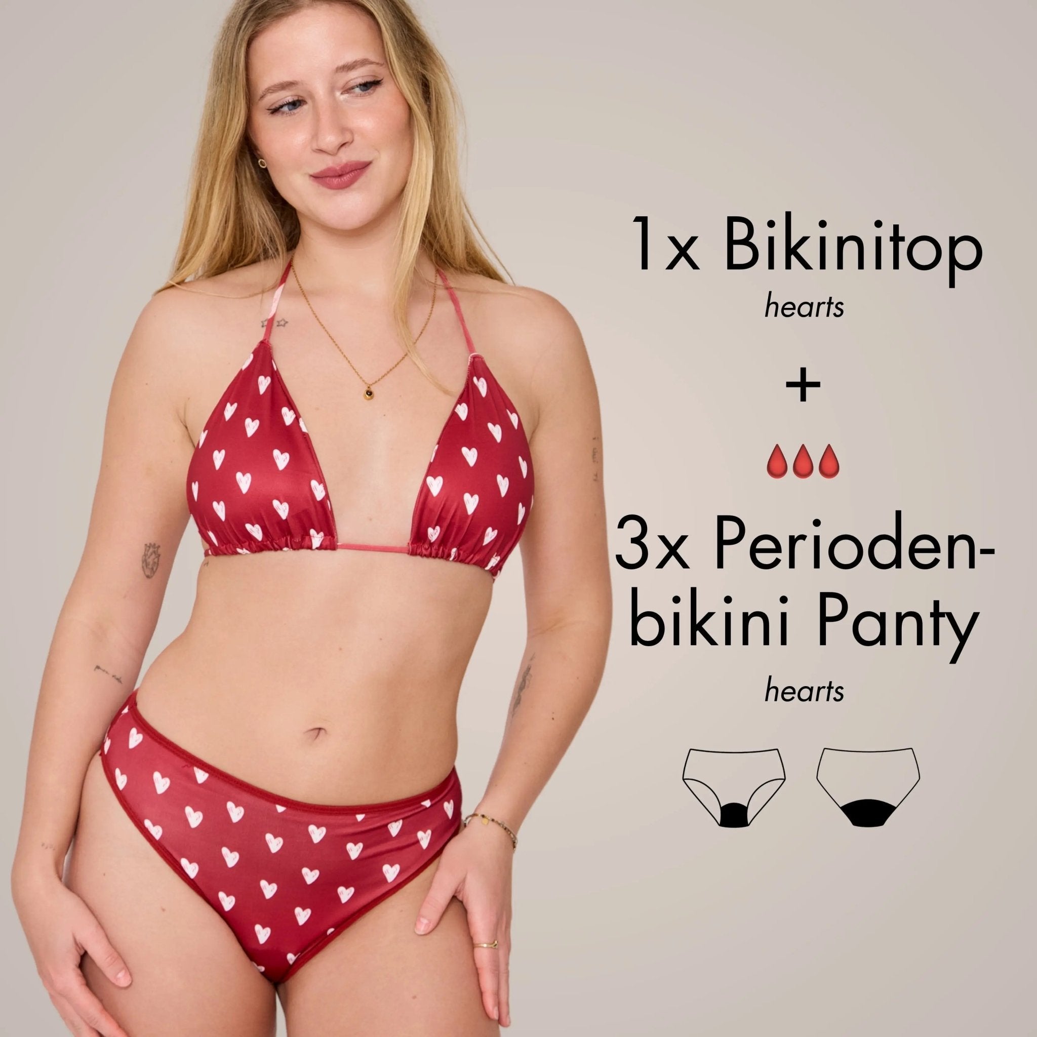 Periodenbikini Set hearts - 3x Pantys + Top - Periodenunterwäsche, Menstruationsunterwäsche von my•mense