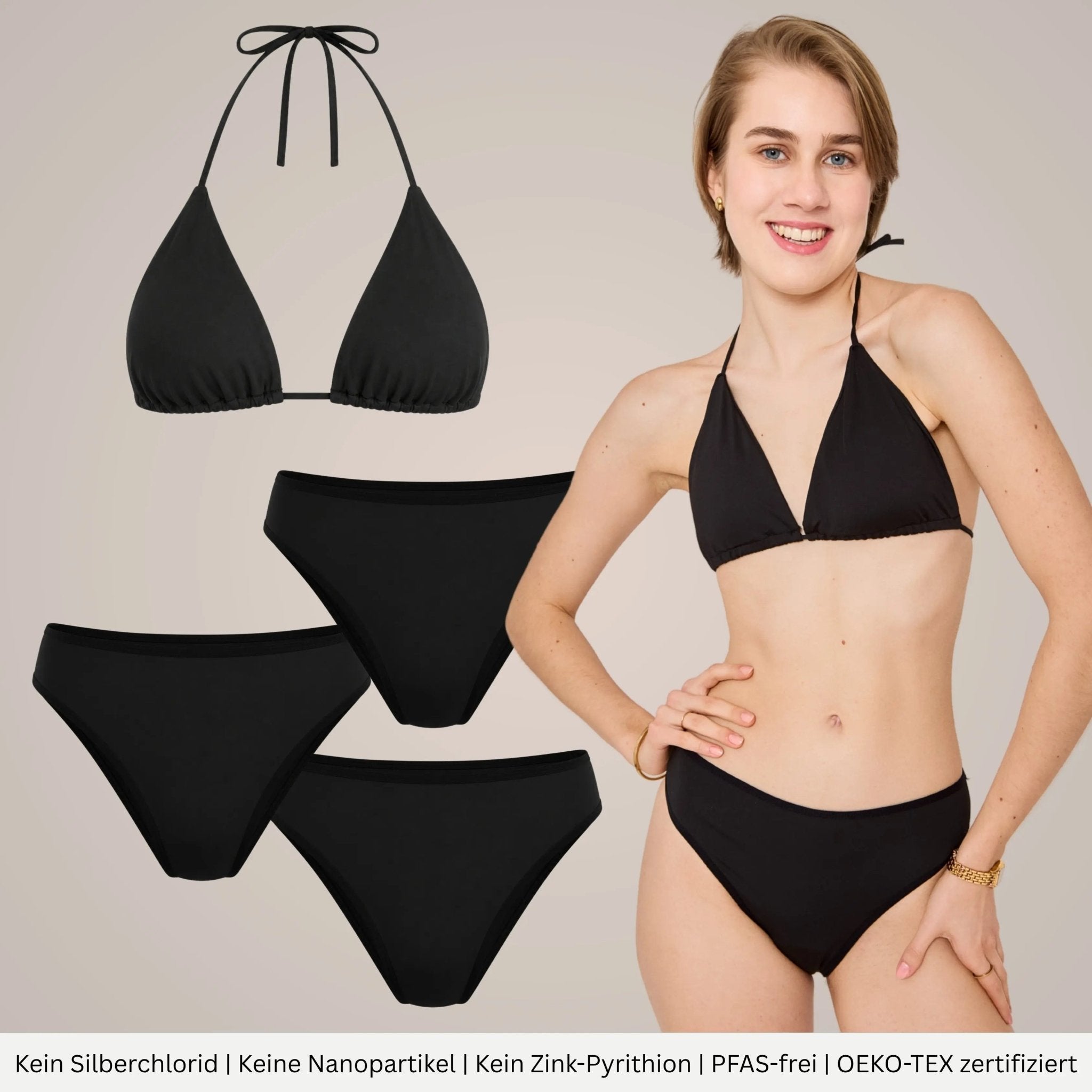Periodenbikini Set schwarz - 3x Pantys + Top - Periodenunterwäsche, Menstruationsunterwäsche von my•mense